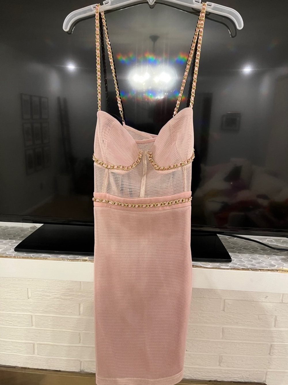 Missguided Blush Pink Mesh Midi Dress with Gold Chain Trim